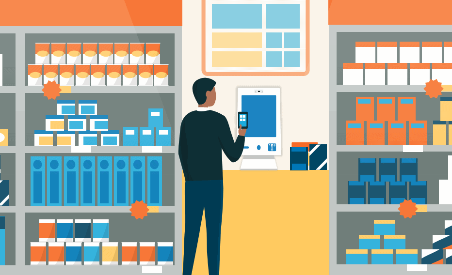 Graphic of a man choosing a retail item from a smart vending machine